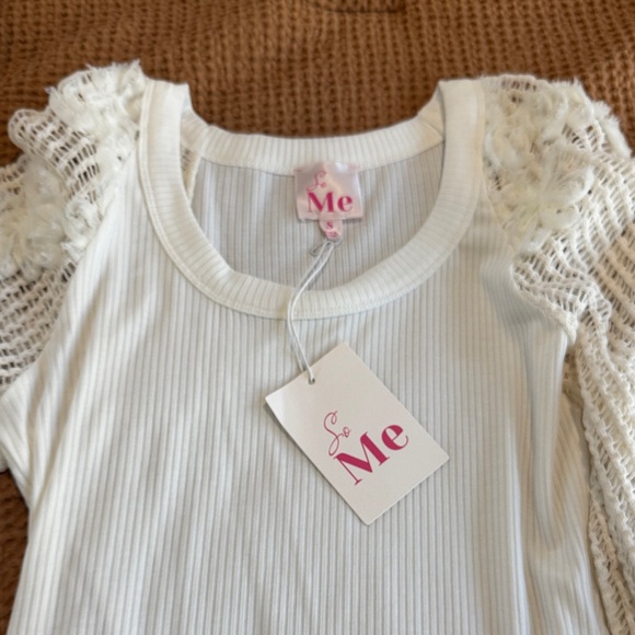So Me Tops - So Me Cream Ribbed Knit Top with Crochet Cap Sleeves